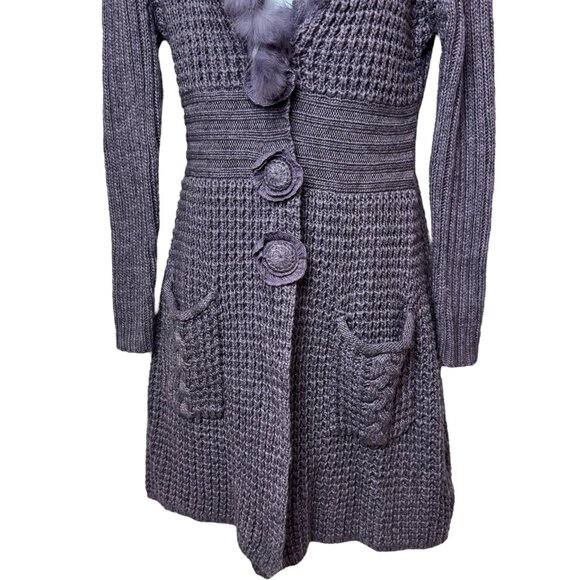 Sioni Purple Wool Blend Rabbit Fur Trim Floral Cozy Knit Cardigan Holiday M - Picture 5 of 12